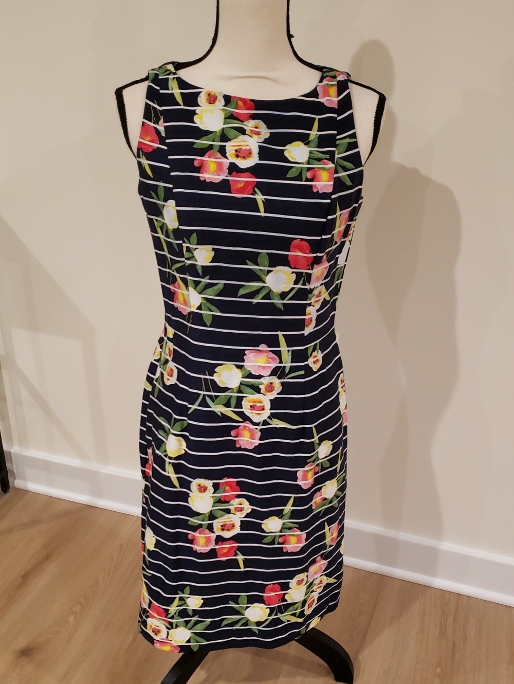 Chaps Cotton Navy Striped Floral Dress Sleeveless Sheath